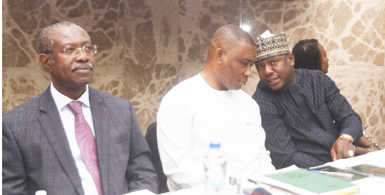 Farouk Aliu Mahama (right), Board Chairman of GIISDEC, explaining a point to George Mireku Duker (middle), a Deputy Minister of Lands and Natural Resources, at a validation workshop held in Accra yesterday. With them is Kwabena Bonsu Fordwor, Chief Executive Officer of GIISDEC. Picture: EMMANUEL QUAYE