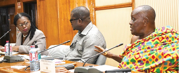 Nana Otuo Siriboe II (right), Chairman of the Council of State, interacting with Elsie Awadzi (left), Deputy Governor of the Bank of Ghana, and Charles Adu-Boahen (middle), Minister of State, Finance. Picture: EBOW HANSON