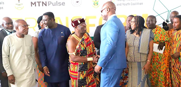 Akyamfuor Asafo Boakye Agyemang-Bonsu, Asafohene (3rd from left), exchanging pleasantries with COP Nathan Kofi Boakye, Director-General of Legal and Prosecution of the Ghana Police Service, after the conference in Kumasi. Those with them include Prof. Ellis Owusu-Dabo (left), Pro VC, KNUST, and Andy Osei Okrah (2nd from left), the host of the summit. Pictures: EMMANUEL BAAH