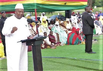 Former President John Dramani Mahama (left) welcoming Alhaji Ali Kadiri English, the Greater Accra Hausa Chief, to the ceremony. Pictures: SAMUEL TEI ADANO