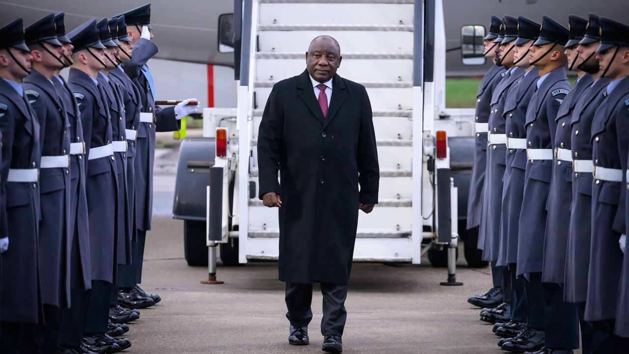 South African President Cyril Ramaphosa arrives at Stansted Airport, England, on Nov. 21, 2022.
