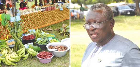 Locally grown food stuff on display at the durbar in Sogakope. (INSET), Seth Agbi, DCE, South Tongu