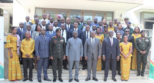 Benito Owusu-Bio (5th from left) and S.E. M Tiémoko Moriko (4th from right), Ambassador of Cote d’Ivoire to Ghana, with members of the technical teams of the two countries. Also with them is Major General Kotia (4th from left) and Diakalidia Konate. Picture: DELLA RUSSEL OCLOO