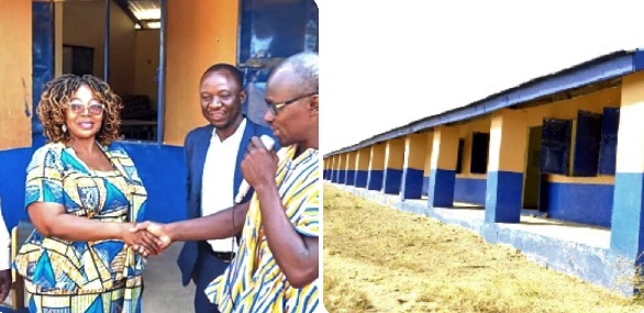 INSET Prince Anamgongo, handing over the renovated classroom block to Christiana Azure Ayinzoya, District Director of Education.(Inset) The rennovated block