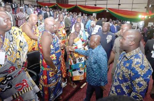President Akuffo-Addo (hand stretched) exchanging pleasantries with some traditional leaders at the Lands Conference in Accra. With him is Samuel Abu Jinapor (right), Minister of Lands and Natural Resources. Picture: SAMUEL TEI ADANO