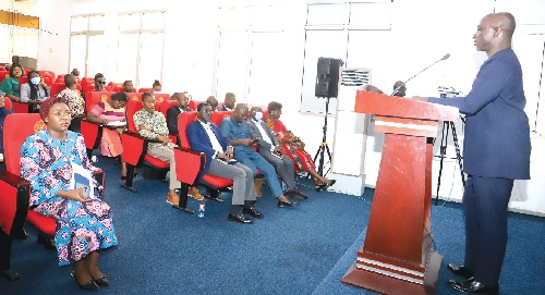Edward Boateng (right), Director-General of the State Interests and Governance Authority, addressing the media in Accra. Picture: GABRIEL AHIABOR