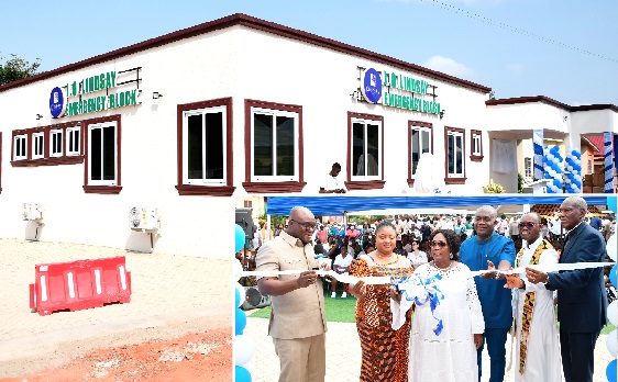 The front view of the J.O Lindsay Emergency Block. INSET: Elizabeth Orleans-Lindsay, MD of JL Properties being assisted by- Dr James Orleans Lindsay (3rd from right) CEO of JL Properties and Stephen Pambiin Jalulah (left) Deputy Minister of Roads and Highways to cut the ribbon to officially inaugurate the J.O Lindsay Emergency Block for the Achimota Hospital in Accra. Picture: EBOW HANSON