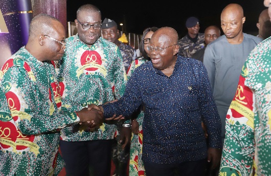President Akufo-Addo being welcomed by Francis Albert Seth Nyonyo (left), Board Chairman, National Lottery Authority to the 60th anniversary celebration  in Accra. With them is Sammy Awuku (2nd from left), Director General, NLA.  Picture: SAMUEL TEI ADANO