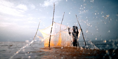 A victim of child labour disentangling a fishing net on the volta lake