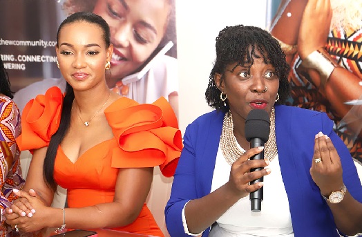 Catherine Morton (right), Executive Director, Eve International, speaking at the press conference in Accra. With them is Dr Vanessa Mensah-Kabu (left), President of Eve International. Picture: SAMUEL TEI ADANO