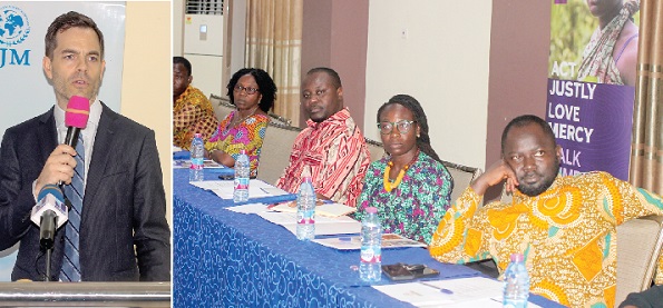 Justin Van Dalen (inset), Director, Cocoa Programme, International Justice Mission, addressing the seminar