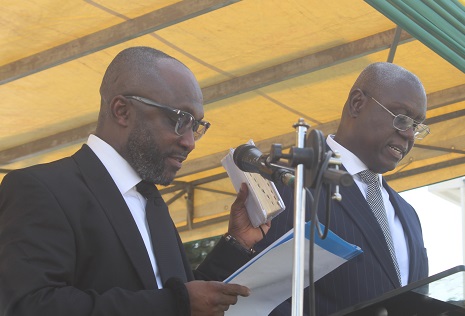 The Chief Justice, Justice Anin Yeboah (right), inducting Barima Yaw Kodie Oppong (left), the new Director of Legal Education and Director, Ghana School of Law, into office. Picture: ESTHER ADJORKOR ADJEI