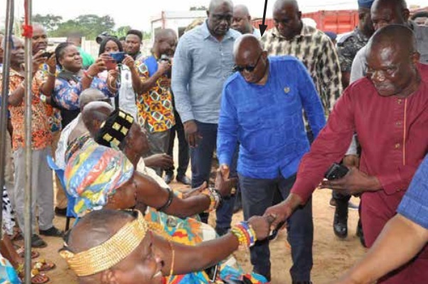 President Akufo-Addo (arrowed) exchanging greetings with some chiefs at the Ave-Dakpa District Hospital project site