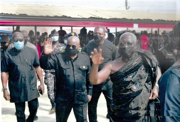 President Akufo-Addo (middle) with Mr Yaw Osafo-Maafo (right) Mr Alexander Akwasi Acquah (left), MP for Oda, responding to cheers on his arrival at the Oda old town durbar ground. Picture: SAMUEL KYEI-BOATENG