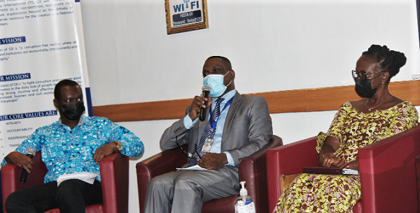 Dr Eric Oduro Osae (middle) advocating lifestyle audits at the meeting. With him are Mr Edem Senanu (left), Citizens Movement Against Corruption, and Mrs Beauty Emefa Narteh, Executive Secretary of the GACC. Picture: Caroline Boateng