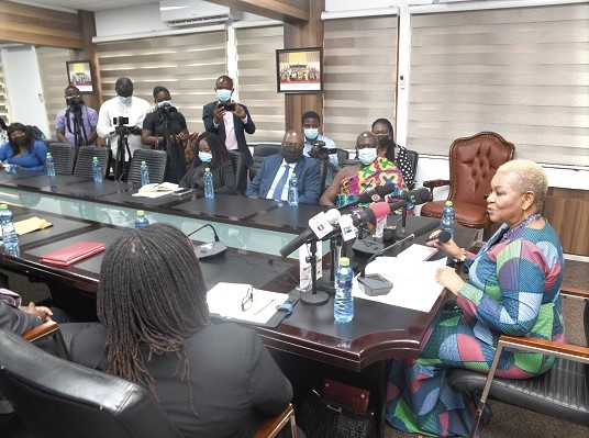 Rev. Dr Joyce Rosalind Aryee (right), Chairman of the Appiatse Support Fund, speaking at the press conference in Accra