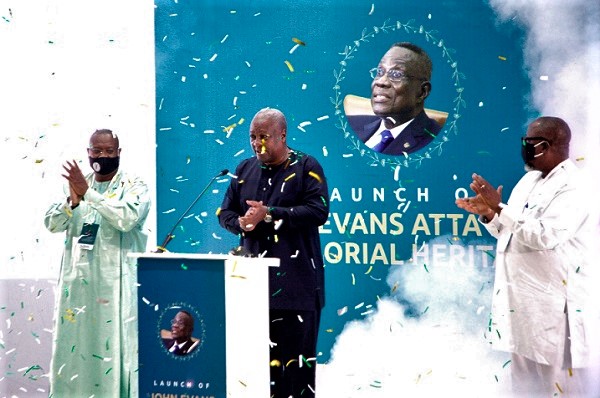 Former President John Mahama (middle) applauding after launching the Heritage. with him are Mr Alex Segbefia (left), Chairman of the John Evans Atta Mills Memorial Heritage Board, and Mr Samuel Atta Mills, Member of Parliament, Komenda-Edina-Eguafo-Abrem Picture: Maxwell Ocloo