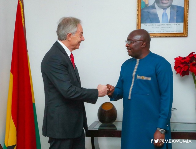 Former UK Prime Minister, Tony Blair and Vice President Dr. Mahamudu Bawumia during their meeting at the Jubilee House