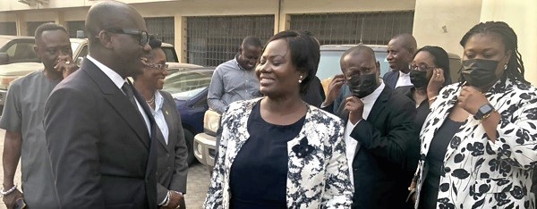 Mr Godfred Yeboah Dame (left), the Attorney–General and Minister of Justice, interacting with Mrs Maame Yaa Tiwaa Addo-Danquah (middle), the Executive Director of EOCO. With them are officials of the A-G’s Office and  EOCO