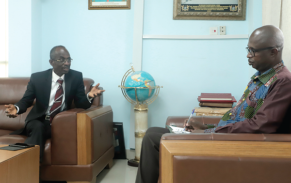 Mr Asiedu Nketiah stressing a point during the interview with Mr Albert K. Salia (right)