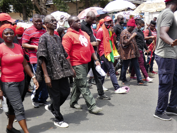 Mr Johnson Asiedu Nketia (2nd from left), General Secretary of the National Democratic Congress; Mr Sam Gyata George (3rd from left), NDC Member of Parliament for Ningo Prampram, leading the demonstration. Picture: ERNEST KODZI
