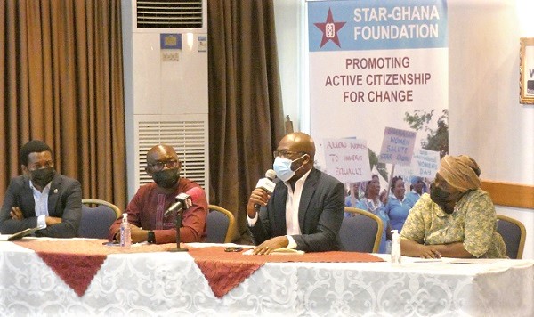 Mr Samuel Yeboah (2nd from right), CEO of Mirepa, addressing some stakeholders at the forum. With him are Ms Catherine Boafo (right), an Entrepreneur, Professor Ernest Winful (2nd from left), researcher at Accra Technical University,  and Mr Ebenezer Arthur (left), CEO of Wangara Venture