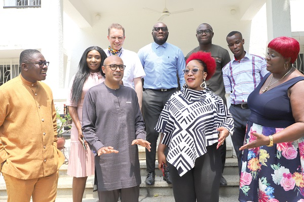 Mr Irchad Razaaly (2nd left), the European Union Ambassador to Ghana, in an interaction with some journalists after the meeting. Picture: EDNA SALVO-KOTEY