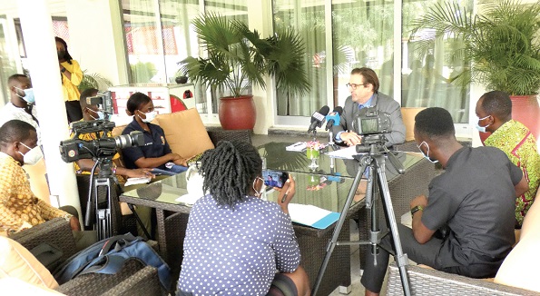 Mr Daniel Krull (arrowed), Ambassador of the Federal Republic of Germany to Ghana, speaking to the press. Picture: ELVIS NII NOI DOWUONA
