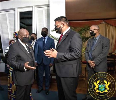 President  Akufo-Addo (left) interacting with Mr Mohamed Irfaan Ali, the President of Guyana, during the maiden international energy conference and expo in Georgetown, Guyana last Tuesday
