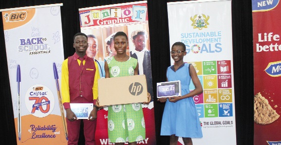 Evangelyn Ukoma Awa (middle), winner of the 2021 edition of the competition, flanked by Kelvin Ampretwum (left), First Runner-up, and Adwoa Nyameyie Fletcher (right), Second Runner-up. Picture: ESTHER ADJEI 