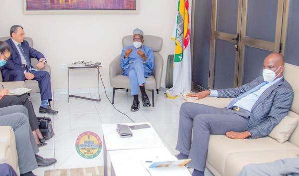 Mr Alban S.K Bagbin (2nd from right), Speaker of Parliament, stressing a point during the meeting with Mr Aldesouky Mahmoud Youssef (2nd from left). With them is Mr Haruna Iddrisu (right), Minority Leader