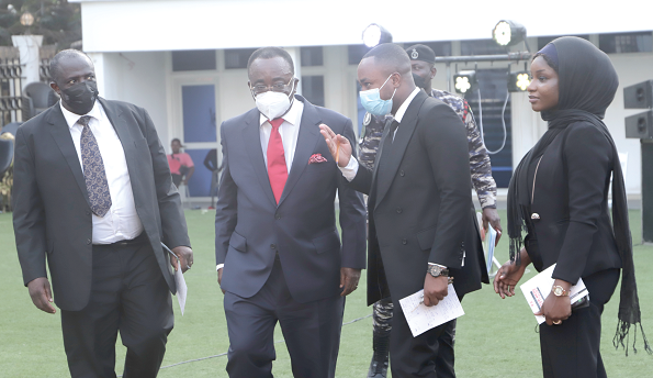 Mr Wonder Victor Kutor (2nd from right), President of the Ghana School of Law Students’ Representative Council, explaining a point to Dr Owusu Afriyie Akoto (2nd from left), Minister of Food and Agriculture, and  Justice Sir Dominic Adjei (left), Court of Appeal Judge, after the launch. With them is Ms Fauziya Tijjani (right), Vice President of the Ghana School of Law Students’ Representative Council. Picture: EDNA SALVO-KOTEY