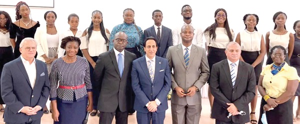 Mr Maher Kheir (middle, front row), Lebanese Ambassador to Ghana, and Prof. Raymond Atuguba (3rd from right, front row) with other officials and beneficiaries of the scholarship