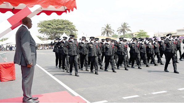 Mr Ambrose Dery (left), Minister for the Interior, taking salute at the graduation parade of the Intake XXI of the GNFS. Picture: EBOW HANSON