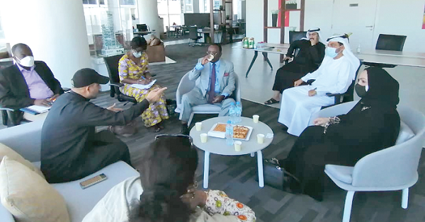 Mr Walid Hareb (2nd from left), CEO of the UAE Trade Centre, explaining a point to Dr Owusu Afriyie Akoto (4th from right), while Ms Farah Alzarooni (right), the Undersecretary for Standard and Legislation of the Ministry of Industry and Advanced Technology, UAE, and other officials from Ghana and the UAE listen