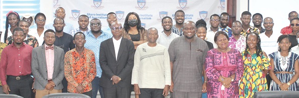 Dr Modestus Fosu, Dean (arrowed), Faculty of Integrated Communication Sciences, GIJ, with some of the lectures and participants after the lecture. Picture: ERNEST KODZI