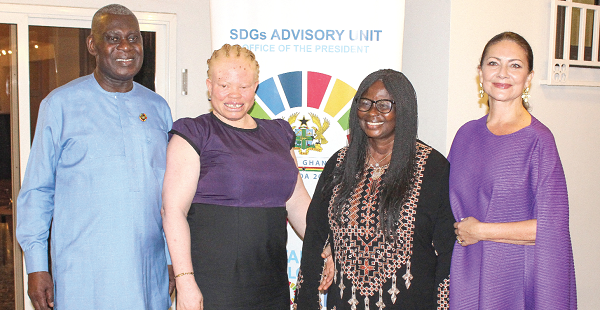 Dr Eugene Owusu (left), Presidential Advisor in charge of the SDGs; Ms Mawunyo Yakor-Dagbah (2nd from left), President of the Ghana Federation of Disability Organisations; Mrs Gertrude Oforiwa Fefoame (2nd from right), aspiring President of the Ghana Federation of Disability Organisation, and Ms Ingrid Mollestad (right), Norwegian Ambassador, in a group photograph. Picture: ERNEST KODZI
