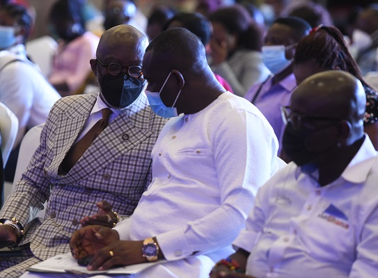 Dr John Ampontuah Kumah (middle), Deputy Minister of Finance, interacting with Mr Yofi Grant (left), CEO of the GIPC, and Mr Kwasi Agyeman, CEO of the Ghana Tourism Authority, at the National Chocolate Week celebration in Accra. Picture: EMMANUEL QUAYE