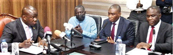 Mr Samuel Abu Jinapor (left), Minister of Lands and Natural Resources, speaking at the event. With him are Mr Eric Asubonteng (right), President of the Ghana Chamber of Mines, Mr George Mireku Duker (2nd from right) and Mr Benito Owusu Bio, deputy ministers of Lands and Natural Resources