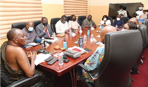 Nana Otuo Siriboe II (left), Chairman of the Council of State, delivering his opening remarks at the meeting with the Majority in Parliament.