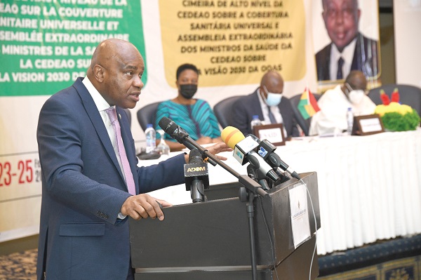 Prof. Stanley Okolo (left), Director-General of WAHO, addressing the high-level ECOWAS UHC Summit and Extraordinary Assembly of Ministers of ECOWAS for the Adoption of WAHO Vision 2030. Picture: EBOW HANSON