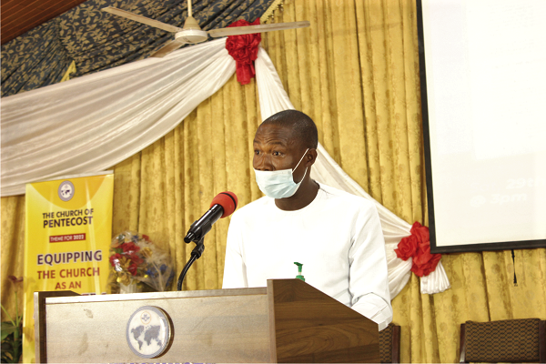 Mr Benjamin Akyena Brantuo, the  author of the book, speaking at the launch. Picture: ERNEST KODZI