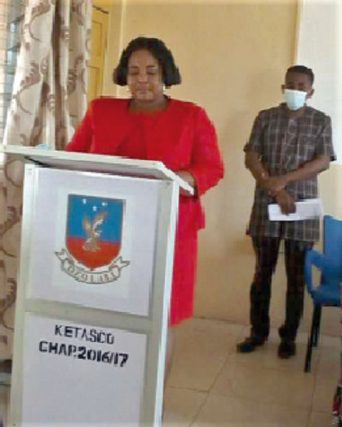 Madam Josephine Ohene-Boateng speaking at the launch of the awards scheme at the Keta SHTS