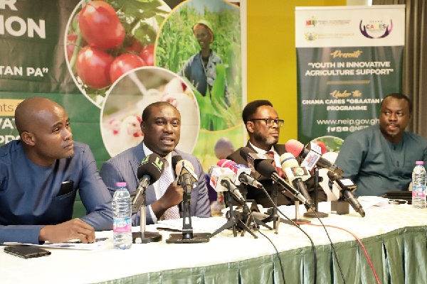 Mr Franklin Owusu-Karikari (2nd from left), Director of Business Support and Policy, National Entrepreneurship and Innovation Programme (NEIP), addressing participants at the launch. Those with him are Mr Joseph Mackay Kumah (left), Director of Monitoring and Evaluation, Mr Dei Dasebre (right), Director of Finance, and Mr Jonas Kofi Arhin (2nd from right), Director of Operations, all of the NEIP. Picture: EDNA SALVO-KOTEY
