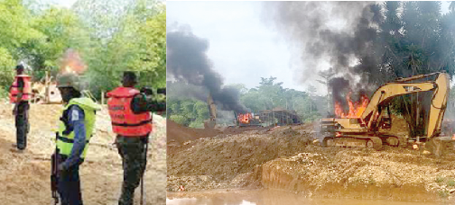 Members of the Operation Halt team in the Western Region (left) Operation Halt II set some excavators used for illegal mining on fire in the Western Region (right)