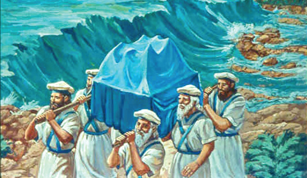 Levitical priests carrying the Ark of God and crossing the Jordan River with ease