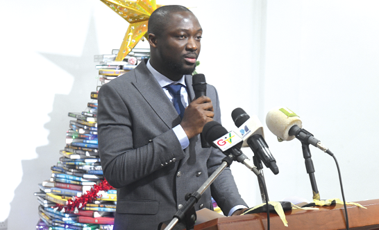 Mr Hayford Siaw, Executive Director of Ghana Library Authority, addressing the press conference in Accra last Friday. Picture: EMMANUEL QUAYE