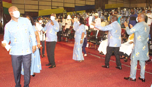 Mr. Eric Seddy Kutortse (left), founder of the First Sky Group, and some of his staff dancing to the glory of God at the 19th annual thanksgiving service