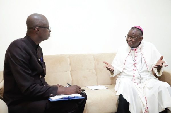 Most Rev. Philip Naameh (right), Archbishop of Tamale, explaining a point to Mr Albert Salia, Political Editor, Daily Graphic, during the interview.Pictures: EDNA SALVO-KOTEY