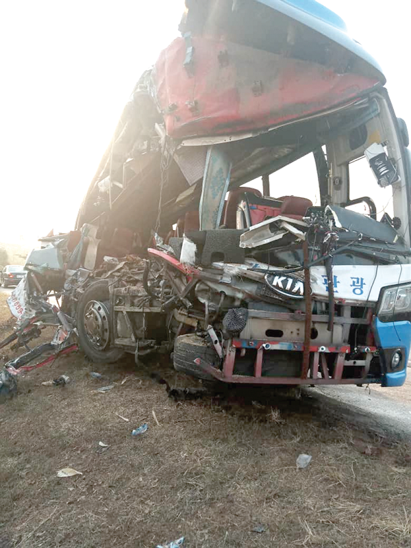 The mangled Grandbird bus which was involved in the accident at Tuobodom yesterday